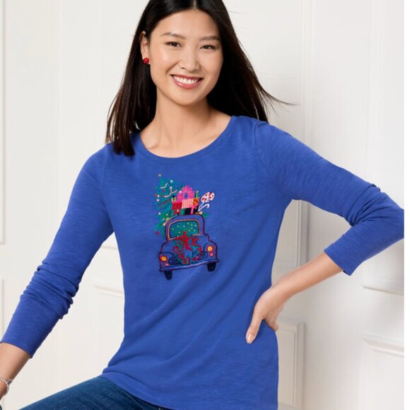 Talbots Christmas Embroidered Crewneck Long Sleeve Tee Size Small - Picture 1 of 11